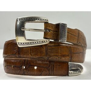VTG 90s Onyx Brighton Alligator/Crocodile Embossed Belt Ornate Brass Buckle 42
